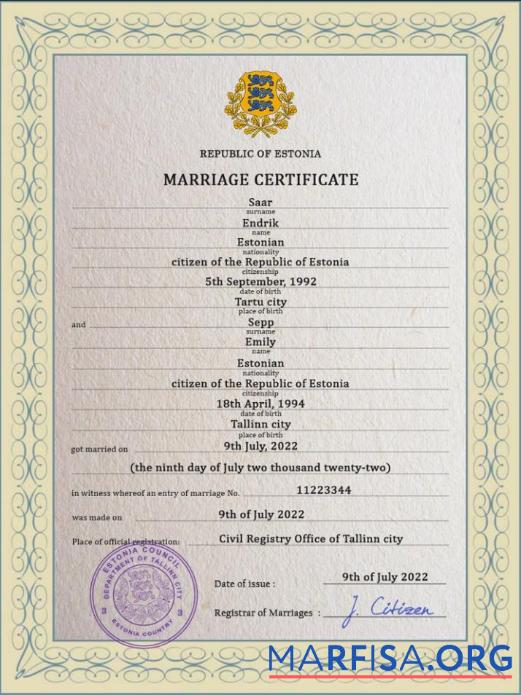 Printable Estonia marriage certificate PSD template